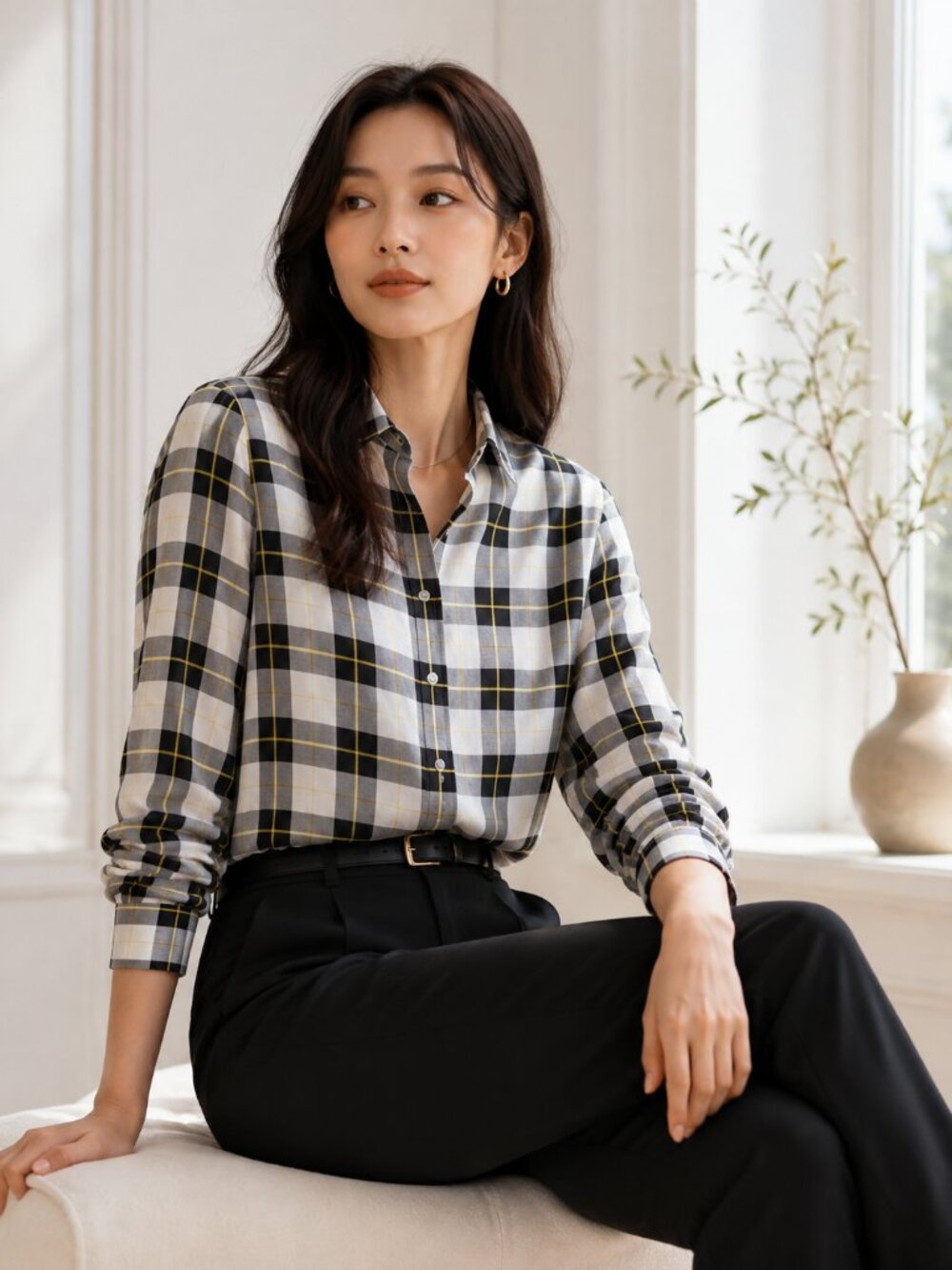 Vintage The Limited 100% Silk Plaid Button Down Shirt Long Sleeve
